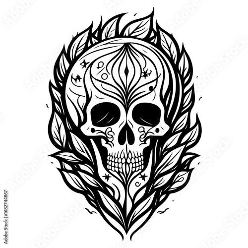 Monochrome skull embraced by botanical artistry a dark and captivating illustration where