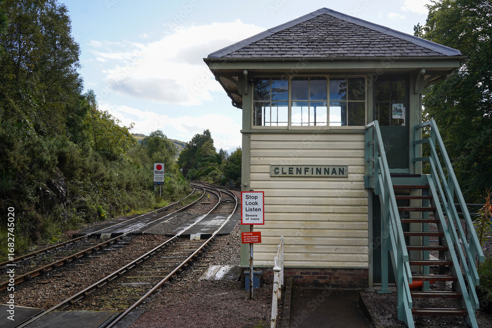 Naklejka premium Glenfinnan, Scotland - September 05 2022: The Glenfinnan railway station in Scotland. It is part of the West Highland Line.