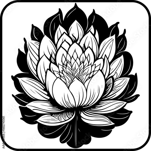 Monochrome stylized lotus flower illustration depicting elegance with dark contrasting leaves and