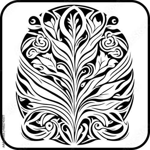 Monochrome symmetrical plant design intricate details swirling patterns black and white elegance
