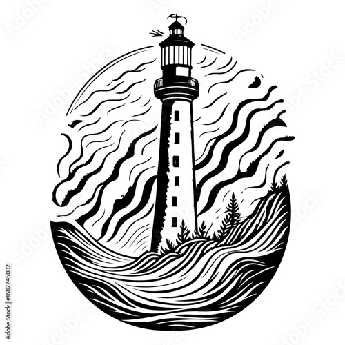Monochrome towering lighthouse beacon maritime navigational aid with stylized waves illustration