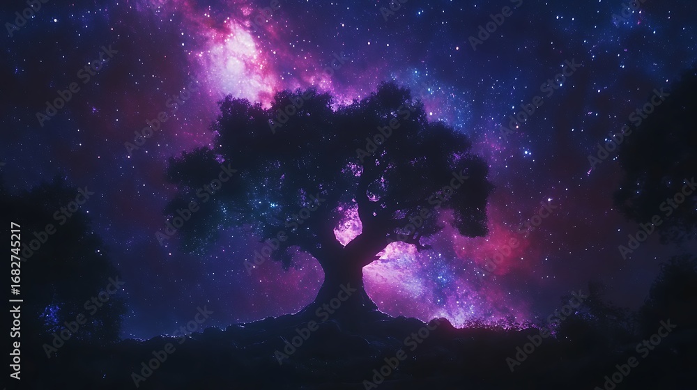 Naklejka premium Silhouette tree glowing under magical starry galaxy night sky high resolution picture
