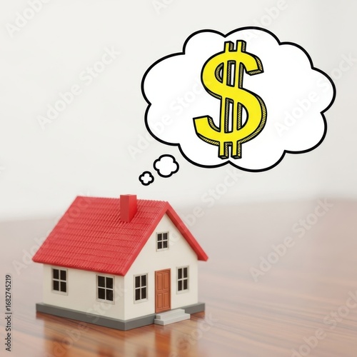 Miniature house with red roof and thought bubble containing a yellow dollar sign model home