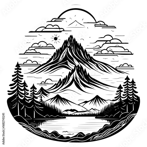 Monochrome vector illustration of a serene mountain landscape with reflective lake and towering