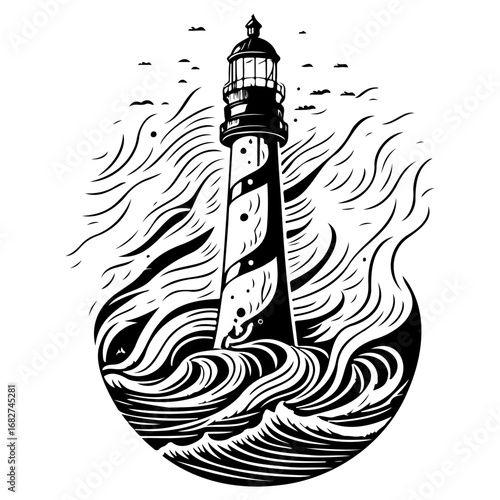 Monochrome vector illustration showcasing a nautical beacon navigating dangerous waters with