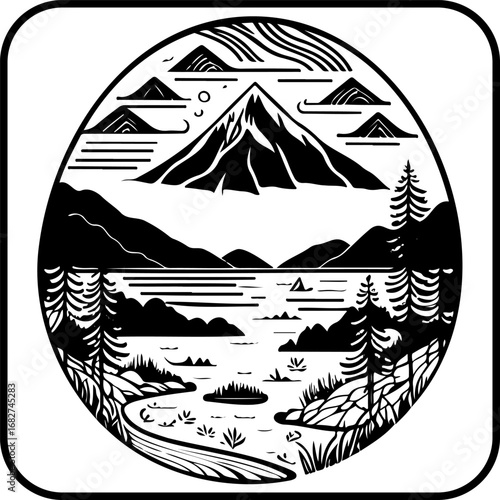Monochrome vector illustration showcasing majestic mountain peaks reflected in a serene lakeside