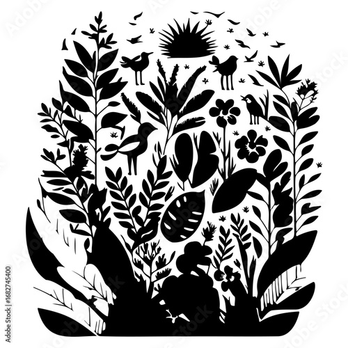 Monochrome whimsical silhouette featuring diverse flora and fauna creating a nature inspired
