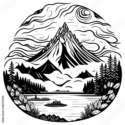Monochrome wilderness landscape displaying mountainous peaks, lake reflections, lush forests,