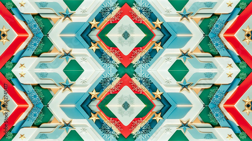 Colorful seamless winter background featuring 3D snowflakes, stars, and geometric patterns in red, green, blue, and gold. Holiday, Christmas, New Year’s celebrations, greeting cards, festive decor. 