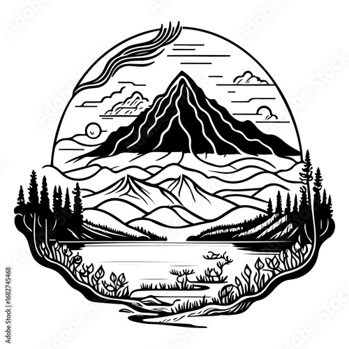 Monochrome wilderness mountain range scene depicting a serene lake bordered by a forest with