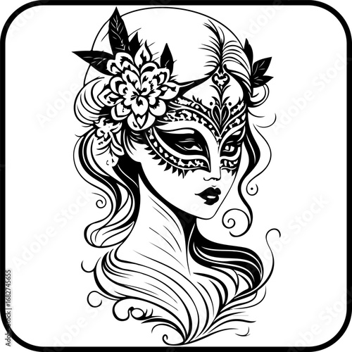 Mysterious beauty in monochrome: A woman adorned with a floral masquerade mask and elegant