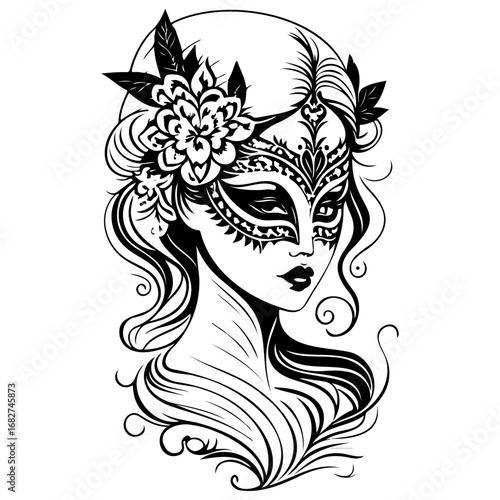 Mysterious masquerade: A monochrome illustration of a woman adorned with an ornate mask and floral