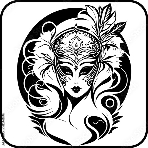 Mysterious masquerade elegance: A captivating woman in an ornamented mask, adorned with floral and