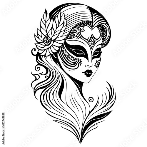 Mysterious masquerade elegance a stylized woman adorned with an ornate mask and floral headdress
