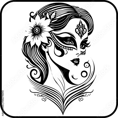 Mysterious visage adorned with floral elegance showcasing artistry in captivating black and white