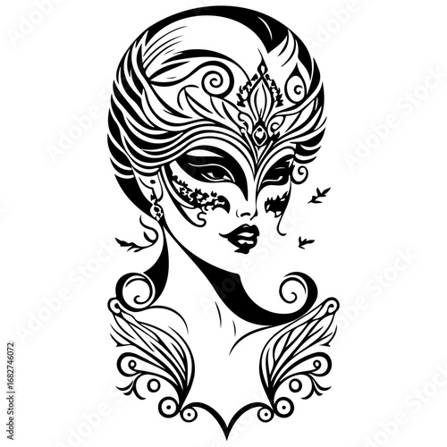 Mysterious woman portrait in ornate mask artful masquerade ball invitation design element