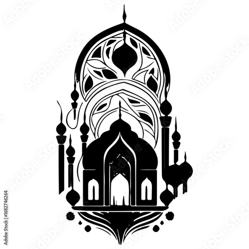 Mystic silhouette mosque, stylized architectural grandeur, captivating black and white design,