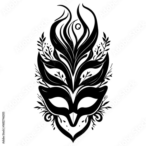Mystical Mask Illustration: A Black and White Depiction of Intrigue and Masquerade for Artistic