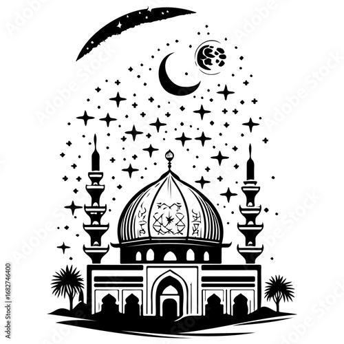 Mystical silhouette of a majestic mosque under a celestial sky filled with stars and lunar phases