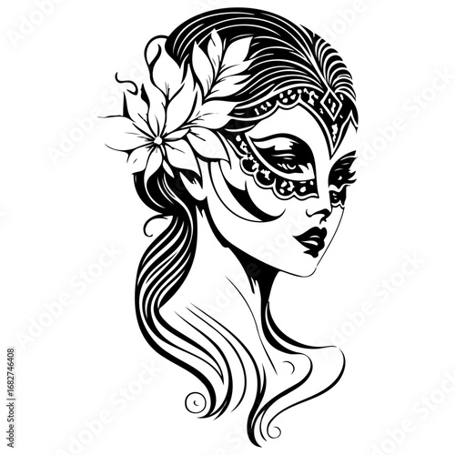 Mystical woman's ornate facial adornment in grayscale evoking elegance, artistic sensibility and