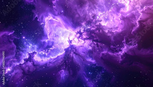 Fototapeta Naklejka Na Ścianę i Meble -  A vibrant cosmic nebula bursts with radiant purple and white energy, adorned with glittering stars across the deep space canvas