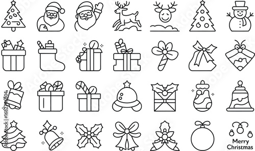 Festive Season Symbol Set Line Art Santa, Reindeer, Presents & Tree to enhance your seasonal designs with charming,  traditional  elegance