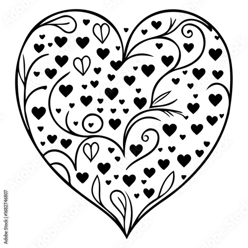 Ornamental heart outline with floral patterns and miniature hearts creating a romantic design