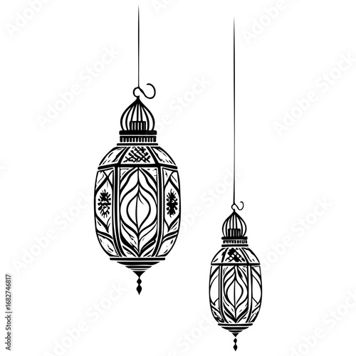 Ornamental hanging lanterns in black and white evoke a sense of cultural tradition and elegance