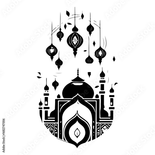 Ornamental minaret design showcasing architectural and symbolic artistry with hanging lanterns on