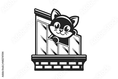 Cartoonish Black Cat Icon Peeking Over A Window Sill on White Background