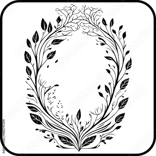 Ornate botanical frame with leaves and flourishing delicate branches creating an elegant border