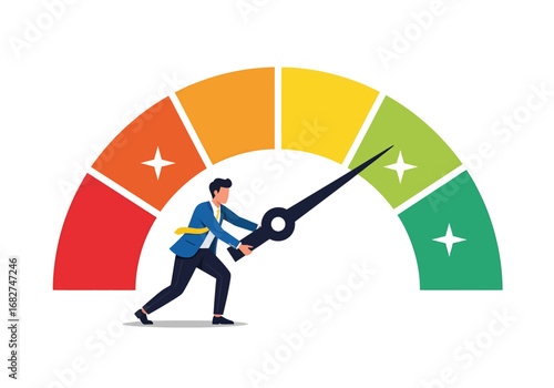 A determined individual in a suit and tie firmly pulls a large lever, adjusting a colorful, arched gauge with indicators ranging from red to green, symbolizing control and progress.