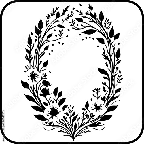 Ornate botanical letter 'o' illustration with floral design elements in black and white for