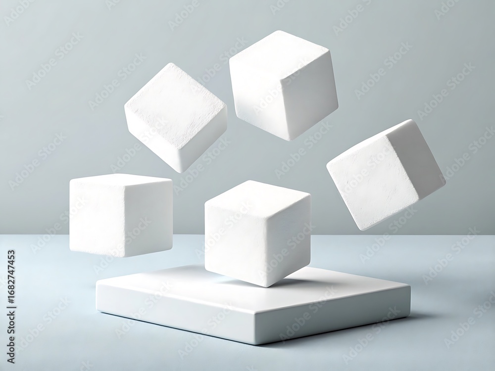 Fototapeta premium Floating white cubes in a minimalist studio setting