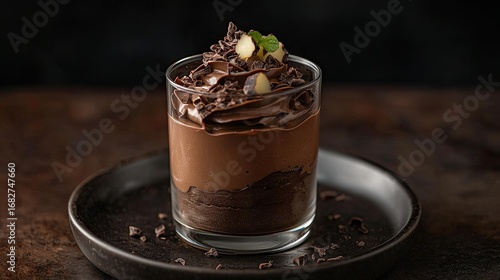 A chocolate mousse in a glass cup with chocolate shavings and a mint leaf on top.