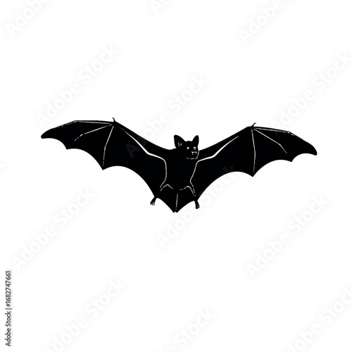 A minimalist black silhouette of a flying bat with wings extended is presented in a clean 2D flat vector illustration, isolated on a bright white background, suitable for web.