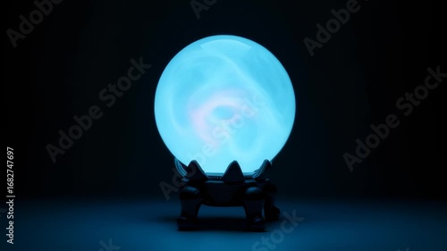 Crystal Ball on Dark Stand with Swirling Blue-Purple Light