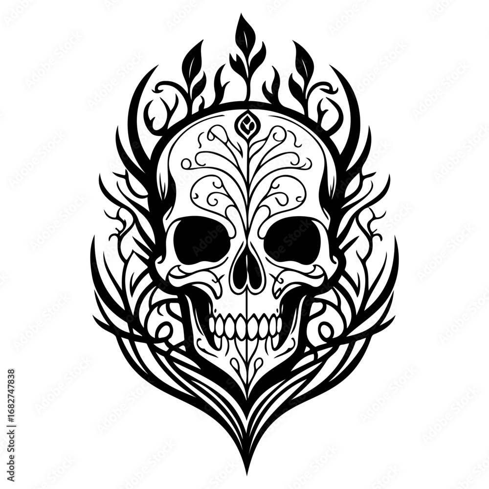 Fototapeta premium Ornate floral skull design intricate black and white linework illustration gothic style artistry