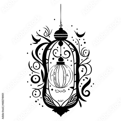Ornate islamic lantern vector illustration graphic featuring moon phases arabesque motifs and