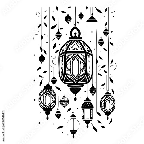 Ornate lantern collection hanging amidst delicate leaf sprigs in a stylish monochrome composition
