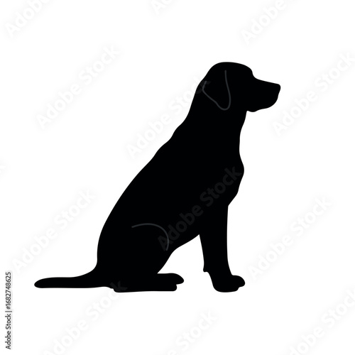A loyal, obedient dog sits as a minimalist black silhouette, a clean 2D flat vector illustration with solid colors, isolated on a pure white background, depicted from a side view.