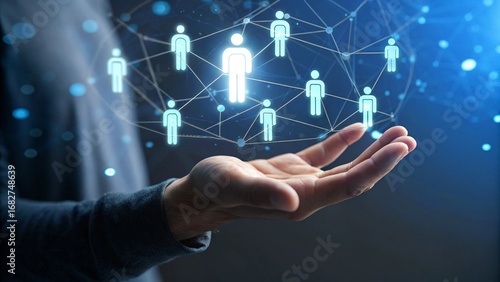 Close Up of Hand with Hologram People Icons Connected by Lines for Recruitment Concept