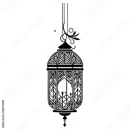 Ornate silhouette of a hanging lantern casting decorative shadows and creating an evocative