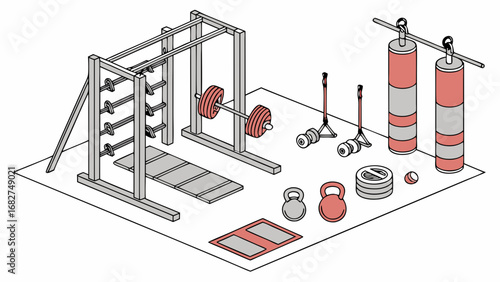 A full set of exercise equipment, including kettlebells and punching bags.