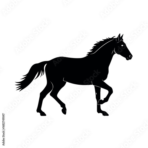 An energetic powerful horse is depicted galloping swiftly in a striking 2D flat vector illustration, presented as a black silhouette with clean, minimalist lines against a pure white background.