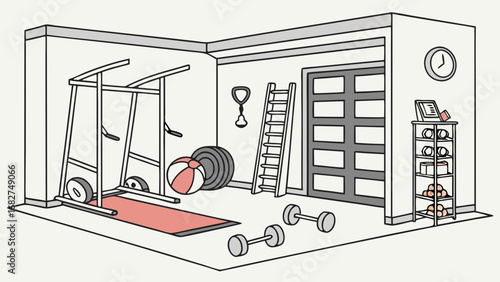 A gym vector illustration showcases a modern fitness environment filled with detailed workout equipment such as dumbbells, barbells, treadmills, kettlebells, yoga mats, and resistance bands. Designed 