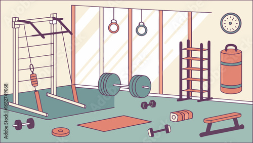 Fitness center interior with weights and training tools for sports marketing projects.