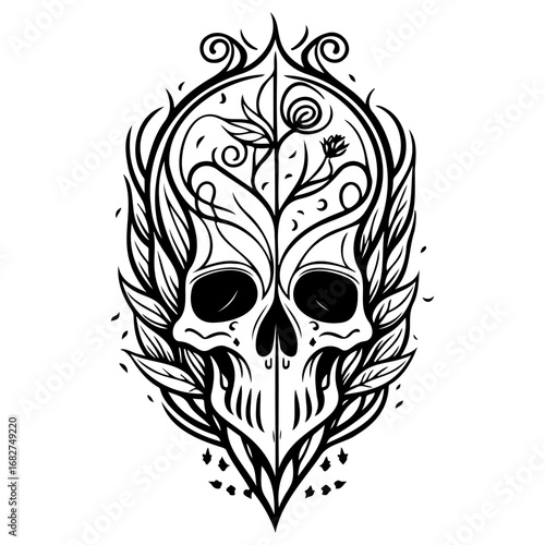Ornate skull artwork with floral decorations and symmetrical design providing a distinct visual