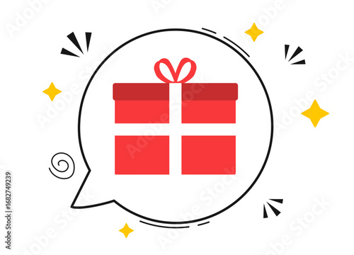 Bright red gift box inside a speech bubble design.