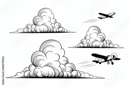 Vintage Airplanes Soaring Through the Clouds Black and White Illustration Nostalgic Aviation Artwork for Graphic Design